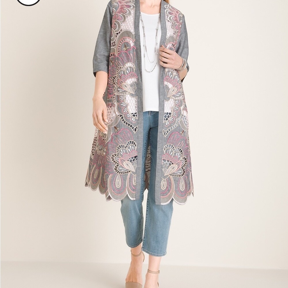 Chico’s Embroidered Scalloped-Hem Kimono Jacket L/XL